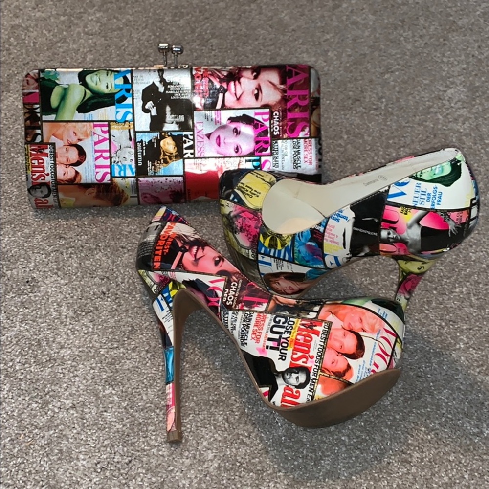 Platform Magazine Print Heels with matching purse